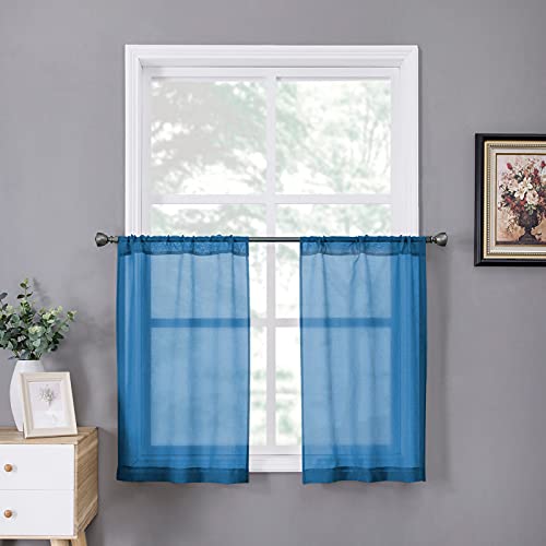 Sheer Tier Curtain Linen Textured Half Kitchen Curtains Sheer Light Filtering Rod Pocket Voile Small Curtains for Bathroom (25"W x 36"L (Pack of 2) / Classic Blue)