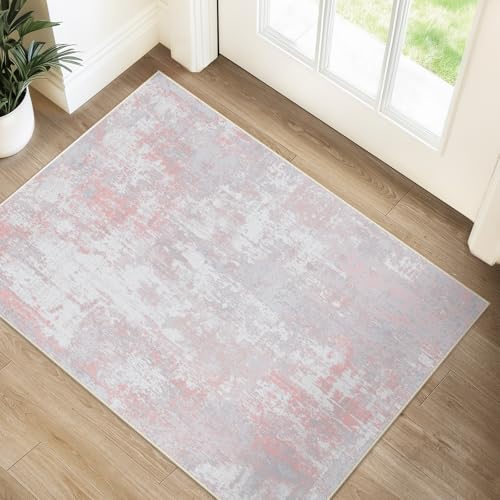 Washable 2'x3' Abstract Area Rug for Living Room Gray Pink (Gray/Pink / 2' x 3' (Rectangular))