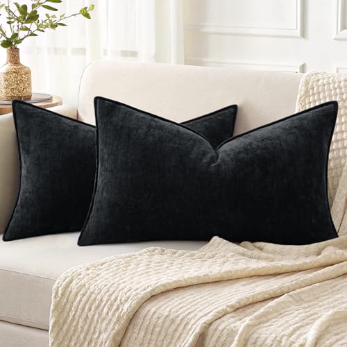 Chenille Black Velvet Throw Pillow Covers 12x20 Set of 2 (Black / 20" x 12" (Pack of 2))