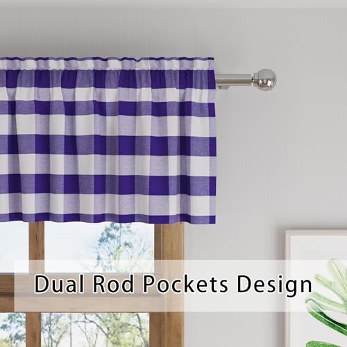 Buffalo Check Plaid Purple and white Valances Gingham 1 Pack Tiers Rod Pocket Farmhouse Short Curtains For Windows Treatment Decor Small Curtains Over Sink For Kitchen (54"W x 16"L (Pack of 1) / Purple and White)