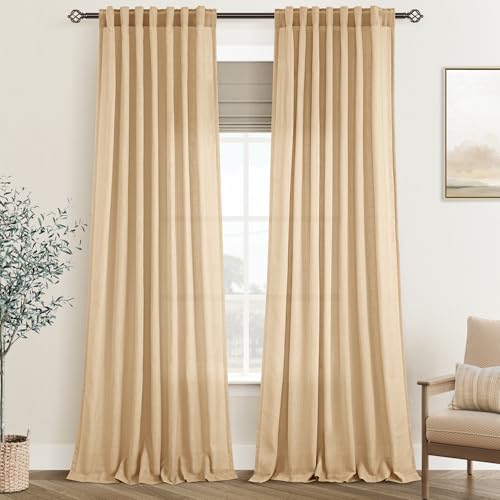 Tan Linen Curtains 84 inches Long for Living Room Back Tab Rustic Farmhouse Semi Sheer Light Filtering Window Curtain Dining Room Soft Thick Flax Linen Textured Drapes Kahki 52x84 (Kahki / 52"W x 84"L (Pack of 2))