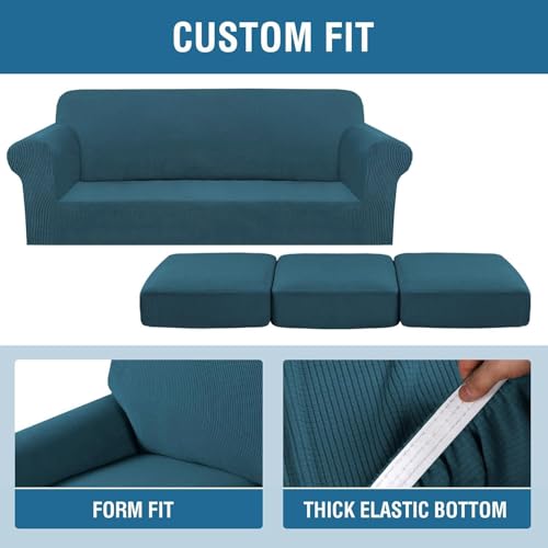 4 Piece Stretch Sofa Covers for 3 Cushion Couch Covers for Living Room Furniture Slipcovers (Large Plus / Deep Teal)