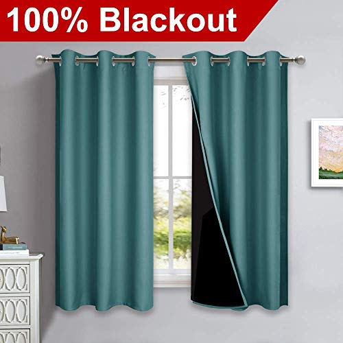100% Blackout Short Curtains with Black Liners (Sea Teal / 37"W x 60"L (Pack of 2))