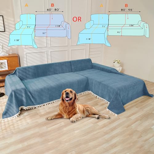 Couch Slipcover Dog Sofa Covers Boho Couch Cover for Dogs Blue Sofa Throw Cover Bohemian Sofa Covers for 3 Cushion Couch Herringbone Sectional Couch Cover Slipcovers for Sofas (91" x 150" / Tassel Ball: Blue)