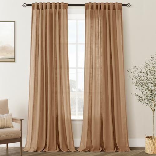 Brown Curtains for Living Room Back Tab Modern Farmhouse Semi Sheer Curtains 102 inches Long 2 Panels Set Muted Neutral Window Curtain for Dining Room Bedroom 52x102 (Brown / 52"W x 102"L (Pack of 2))