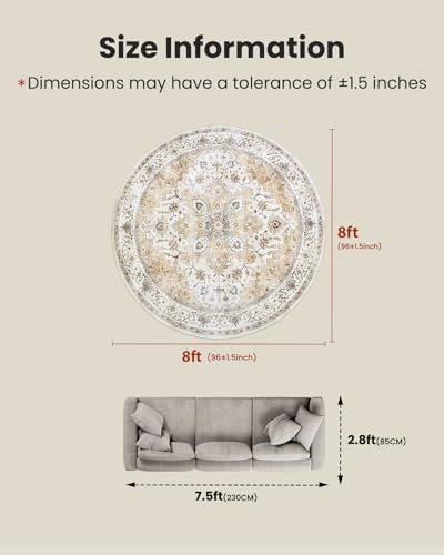 Amada Round 8x8 Washable Area Rug for Dining Room (8' (Round) / Distressed Beige/Cream)