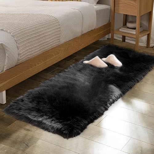 Black Washable Fluffy Area Rugs for Bedroom Shaggy Faux Sheepskin Fuzzy Fur Carpet for Living Room Hallway Nursery Rugs Runner 2x6 (2' x 6' (Runner) / Black)