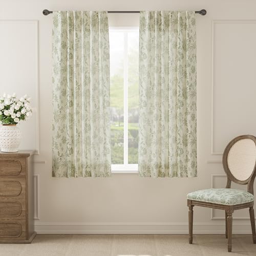 Green Floral Linen Curtains 63 Inch Vintage Back Tab 2 Panels (*Jacobean Sage Green on Beige / 50"W x 63"L (Pack of 2))