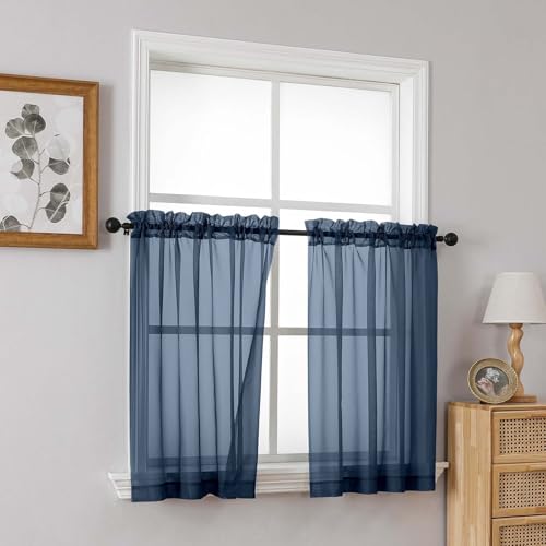 Navy Blue Small Sheer Curtains 2 Panels Set (42"W x 36"L (Pack of 2) / Navy Blue)