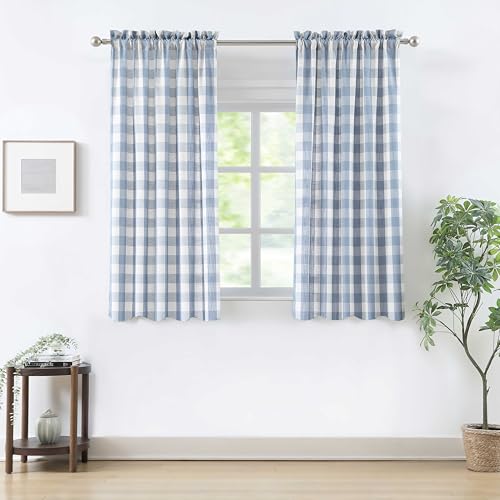 Short Beige Dusty Blue Buffalo Plaid Curtains 54 Inches Long (Dusty Blue/Beige / 40"W x 54"L (Pack of 2))