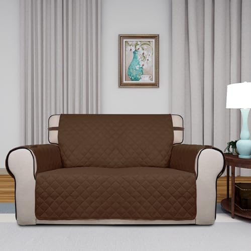 Reversible Quilted Couch Covers for Dogs Loveseat Sofa Cover 46.5” (Medium / Coffee/Ivory)