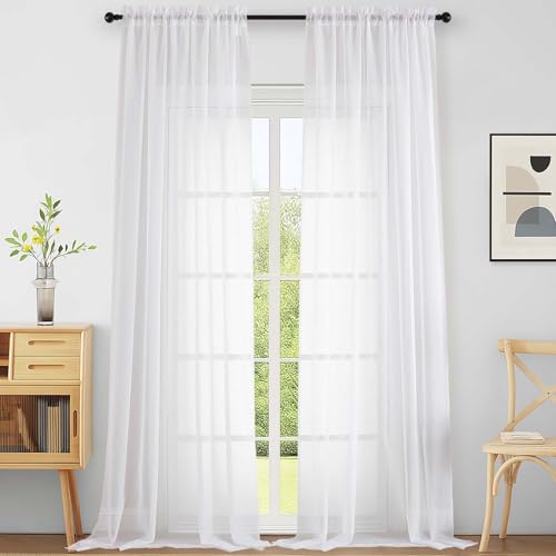 Extra Wide White Sheer Curtains for Windows 108 inches Long (White / 59"W x 108"L (Pack of 2))