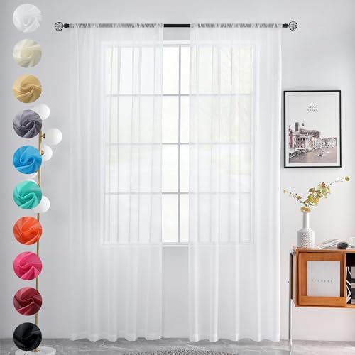 Solid Sheer Rod Pocket Curtain Voile Draperies 2 Panels White Beige Black Grey Coffee 60 Inch Width 63 Inch Long 1 Pair for Kitchen Bedroom Children Living Room Yard (White / 60"W x 63"L (Pack of 2))