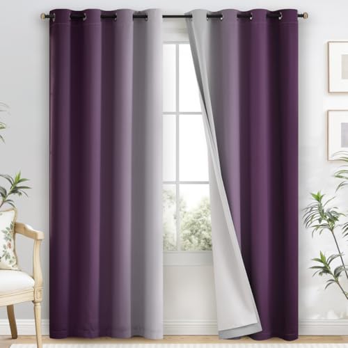 100% Blackout Curtains Ombre Purple Curtains for Bedroom 84 Inch (52"W x 84"L (Pack of 2) / Purple 2 Layers)