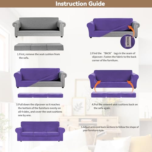 4 Pieces Couch Cover for Sofa Velvet Sofa Covers Washable (Large / Purple)