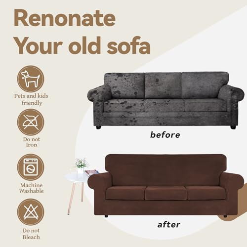 4 Pieces Couch Cover for Sofa Velvet Sofa Covers Washable (Large / Chocolate)