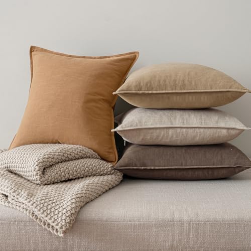 Neutral Brown Boho Linen Pillow Covers 24x24 Inch Pack of 4 (24" x 24" (Pack of 4) / Neutral Brown)