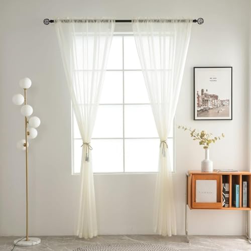 Ivory Sheer Curtains 4 Panels Rod Pocket Semi (Ivory / 52"W x 45"L (Pack of 4))
