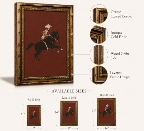 Vintage Gold Framed Canvas Wall Art Skeleton Cowboy Riding Bronco Painting Picture Wall Decor Whimsical Gothic Western Retro Horse Illustration Poster Print Artwork for Bedroom Dorm Living Room (Skeleton Horse / 16"L x 12"W)
