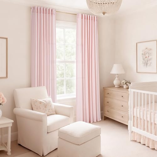 Pink Linen Curtains 84 Inch Length 2 Panels Set for Living Room Light Filtering Semi Sheer Curtains Cherry Blossom Pink Decor Modern Elegant Back Tap Drapes Nersury Bedroom 52ﾗ84 Inch (Pink / 52"W x 84"L (Pack of 2))