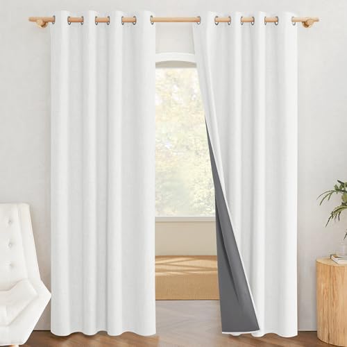 100% Absolutely Blackout Linen Curtains with Thermal Insulated Grey Liner (52"W x 84"L (Pack of 2) / Greyish White)