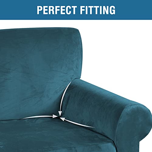 Stretch Velvet Loveseat Covers for 2 Cushion Couch Covers for Living Room Sofa Covers Slipcovers with Non Slip Straps Bottom (Deep Teal / Loveseat)