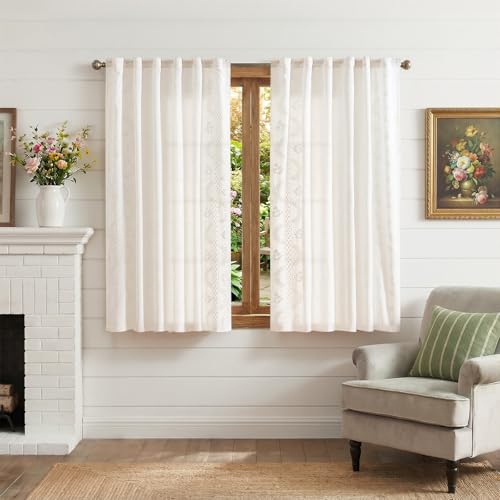 White Floral Linen Kitchen Tier Curtains 50x45 Inch 2 Panels (A| Off White / 50"W x 45"L (Pack of 2))