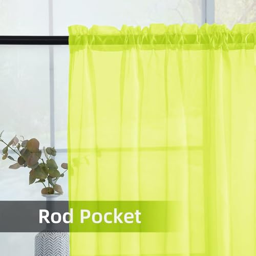 Solid Sheer Rod Pocket Curtain Voile Draperies 2 Panels White Beige Black Grey Ivory 52 Inch Width 63 Inch Long 1 Pair for Kitchen Bedroom Children Living Room Yard (Chartreuse / 52"W x 63"L (Pack of 2))