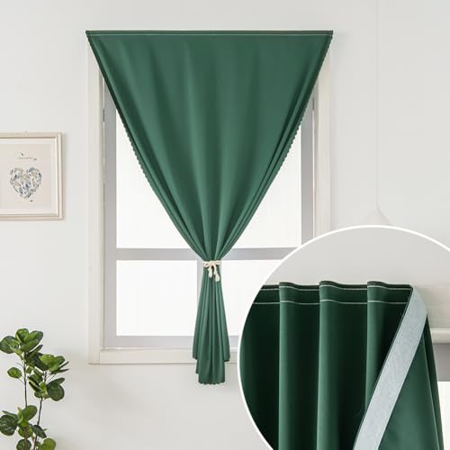 Blackout Curtains for Bedroom Stick On Curtains Window Shades Pull Down Blackout Window Cover No Drillng Self Adhesive Curtains No Rod Small Curtain (35"W x 59"L (Pack of 1) / Dark Green)