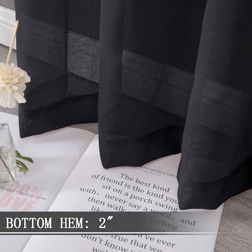 Sheer Curtains Bedroom Linen Textured Curtain Sheers Light Filtering Voile Rod Pocket Curtains for Living Room (38"W x 84"L (Pack of 2) / Black)