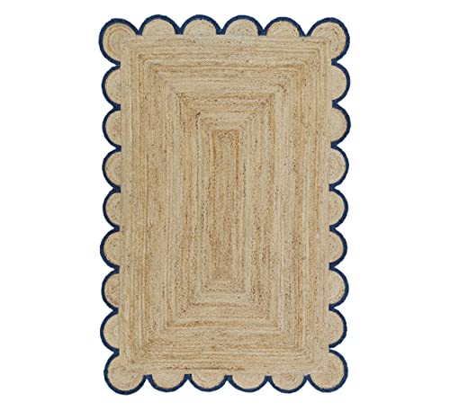 Scalloped Natural Jute Area Rug (2'6"x8' (Runner) / Navy)