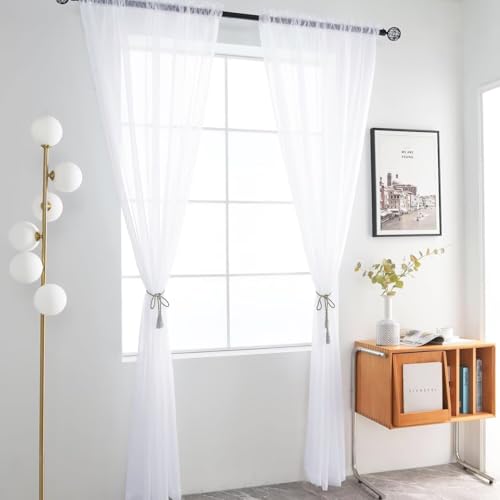 Solid Sheer Rod Pocket Curtain Voile Draperies 4 Panels White Beige Black Grey Ivory 52 Inch Width 54 Inch Long 1 Pair for Kitchen Bedroom Children Living Room Yard (Optical White / 52"W x 54"L (Pack of 4))