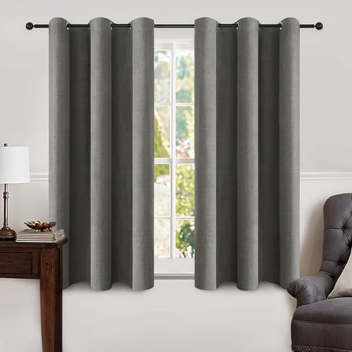 100% Blackout Linen Curtains for Bedroom 42x63 Inches Dark Grey (Dark Grey / 42"W x 63"L (Pack of 2))