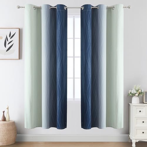 Sage Green and Navy Blue Ombre Blackout Curtains for Living Room 72 Inch (Navy Blue and Sage Green / 42"W x 72"L (Pack of 2))