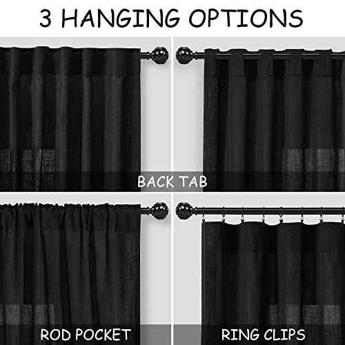 Linen Black Curtains 135 inch Extra Long for Living Room Back Tab Light Filtering Semi Sheer Drapes Modern Farmhouse Coastal Decor Cotton Textured Curtain for Floor to Ceiling High Window 52x135 (52"W x 135"L (Pack of 2) / Black)