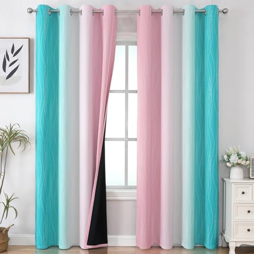 Pink and Teal Ombre Blackout Curtains for Bedroom 84 Inch (Pink and Teal / 52"W x 84"L (Pack of 2))