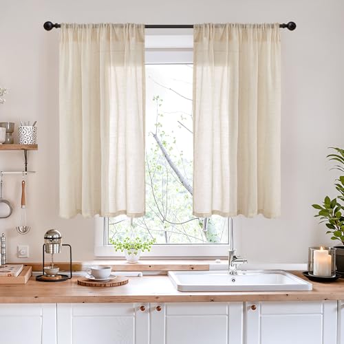 40 Inch Length Burlap Tan Linen Curtains for Kitchen Window (Natural / 42"W x 40"L (Pack of 2))