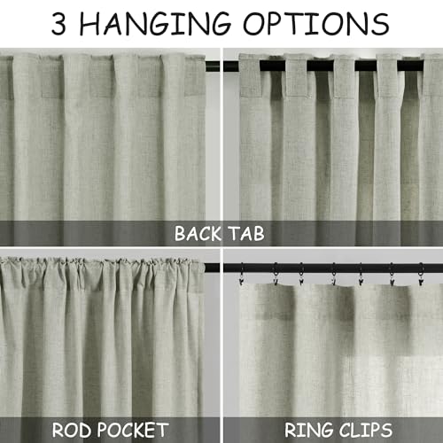 Sage Curtains 94 inches Long 2 panels for Living Room Back Tab Rod Pocket Semi Sheer Linen Draperies Muted Neutral Sage Green Room Decor Earth Tone Pale Green Curtain for Diningroom Bedroom Office (52"W x 94"L (Pack of 2) / Sage Green)