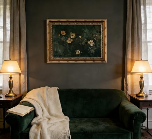 Vintage Gold Framed Wall art Dark Green Floral Canvas Wall Decor Moody Cottagecore Camellia Flower Botanical Artwork picture for Bedroom Living Dining room Decor 16X24in (Camellia / 24"L x 16"W)