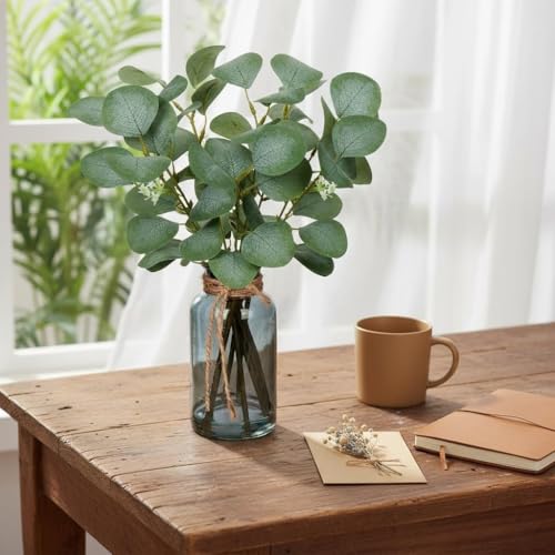 Artificial Eucalyptus Stems Fake Plants in Glass Vase with Faux Water (Black)
