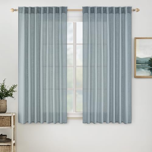 Dusty Blue Short Linen Curtain 52x45 Inch Long 2 Panels for Kitchen (52"W x 45"L (Pack of 2) / Stone Blue)