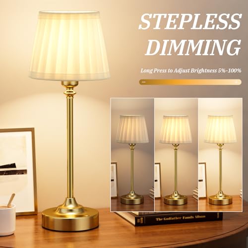 Cordless Table Lamps Rechargeable Set (White Pleated - Gold)