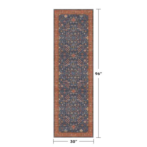 Washable 8 ft Long Runner for Kitchen Floor (2'6" x 8' (Runner) / Blue / Terracotta)