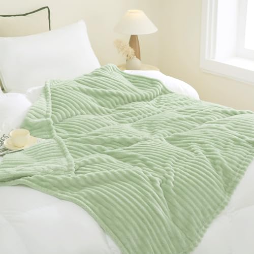 Cream Green Fleece Throw Blanket 50”×60” for Couch Sofa Livingroom (Cream Green / 50×60inch)