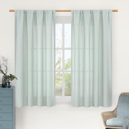 54 Inch Short Window Linen Curtains for Bedroom (42"W x 54"L (Pack of 2) / Rod Pocket - Light Blue)