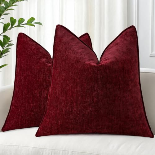 Chenille Wine Red Velvet Throw Pillow Covers 26x26 Set of 2 (Wine Red / 26" x 26" (Pack of 2))