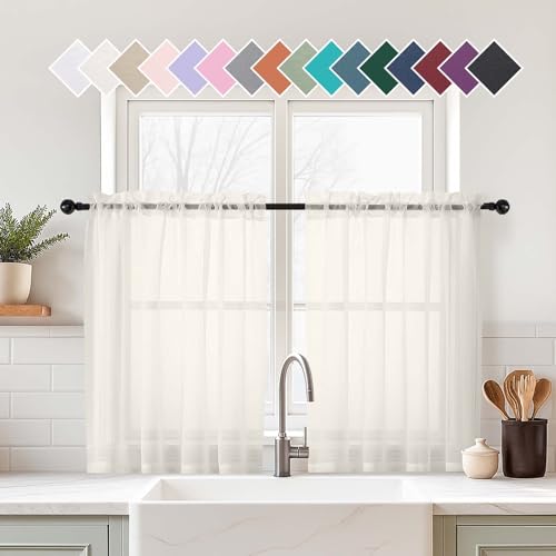 Ivory Sheer Curtains Tier 30 Inches Length 2 Panels Set (Ivory / 42"W x 30"L (Pack of 2))