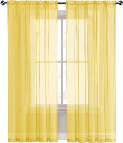Yellow Sheer Curtains 4 Panels Rod Pocket Semi (Yellow / 52"W x 72"L (Pack of 4))