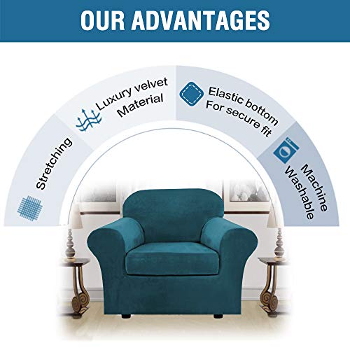 Rich Velvet Stretch 2 Piece Cover Chair Slipcover Sofa Cover Furniture Protector Couch Soft with Elastic Bottom Chair Couch Cover with Arms Width Up to 49 Inch (1 Cushion Chair / Deep Teal)