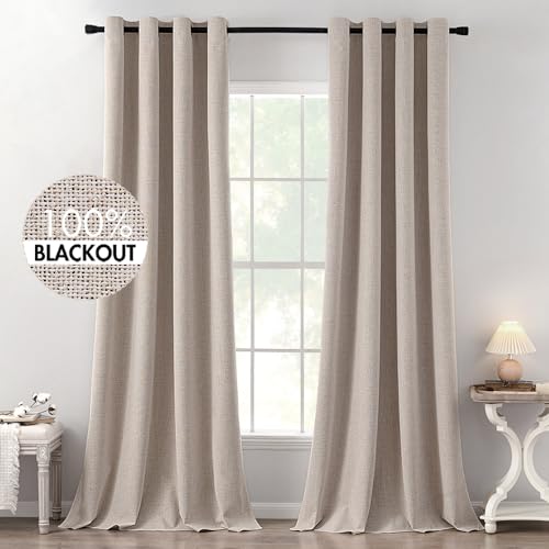 100% Blackout Linen Curtains for Bedroom 52x120 Inches Khaki (Khaki / 52"W x 120"L (Pack of 2))